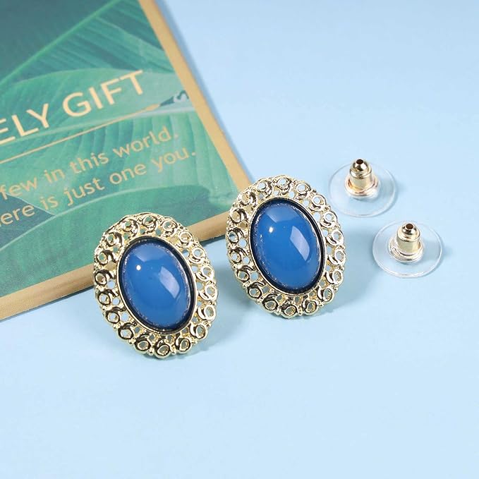Vintage Oval Blue Gem Earrings Blue Lapis Earrings Antique Halo Oval Earrings Custom Oval Studs Earrings Jewelry for Women and Girls Gifts-VivaGrace Women