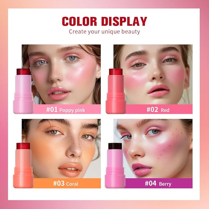 Jelly Cooling Blush Stick, Milk Water Tint, Clear Glossy Long Lasting Sheer Lip & Cheek Stain, Waterproof Light Non-Sticky Buildable Watercolor Finish-Vegan, Cruelty Free (#4 berry, 0.17oz)-VivaGrace Women
