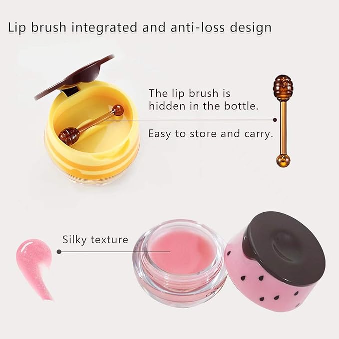 2PCS Honey Balm & Strawberry Lip Balm, Honey Lip Balm, Lip Masks for Dry and Cracked Lips with Brush, Lip Exfoliator & Moisturizer, Reduces Lips Lines & Lightens Lips, Anti-Wrinkle, Aging-VivaGrace Women