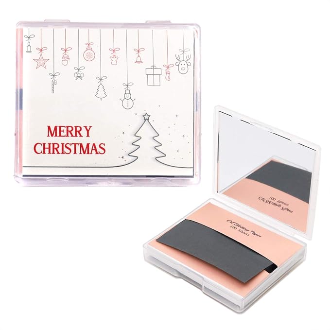 [200 Counts + Mirror Case] Christmas Edition Natural Bamboo Charcoal Oil Blotting Sheets for Face with Mirror Case-VivaGrace Women