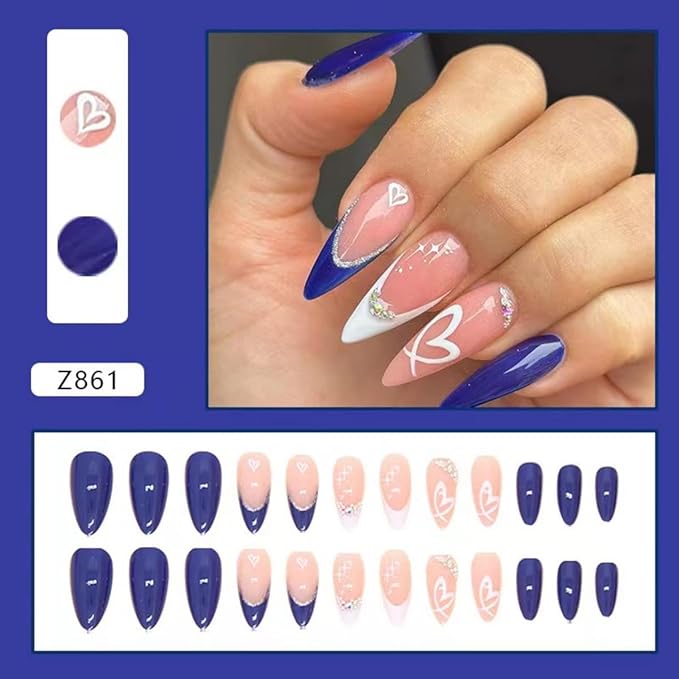 Stiletto Press on Nails Medium Blue Fake Nails Heart False Nails with Design Rhinestone Glue on Nails Artificial French Acrylic Nail Glossy Full Cover Stick on Nails for Women Girls Manicure 24pcs