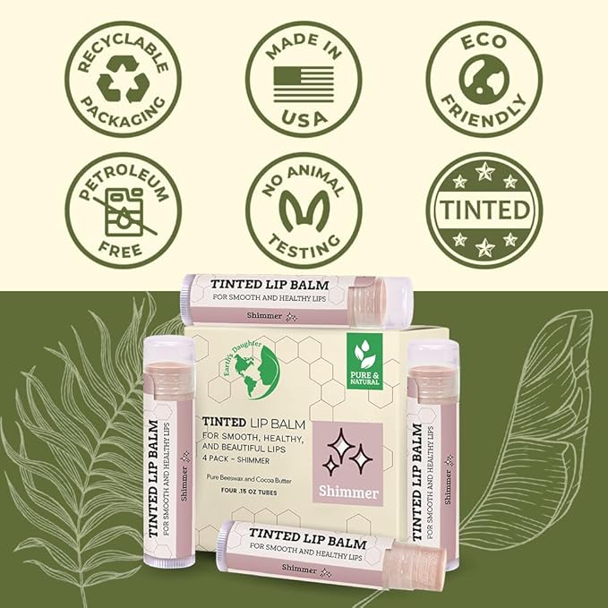 Tinted Lip Balm by Earth’s Daughter – 4 Pack of Shimmer Tint – Beeswax, Coconut Oil, Cocoa Butter, Vitamin E – Moisturize and Beautify – Paraben Free-VivaGrace Women