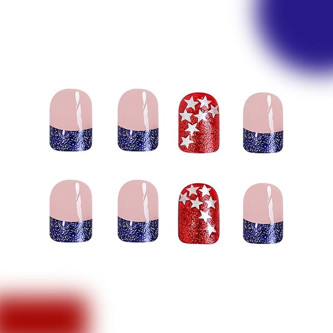 24Pcs 4th of July Press on Nails Short Square Fake Nails with Glitter American Flag Star Design Glue on Nails Blue French Tip False Nails Independence Day Patriotic Acrylic Nails Decoration Kit