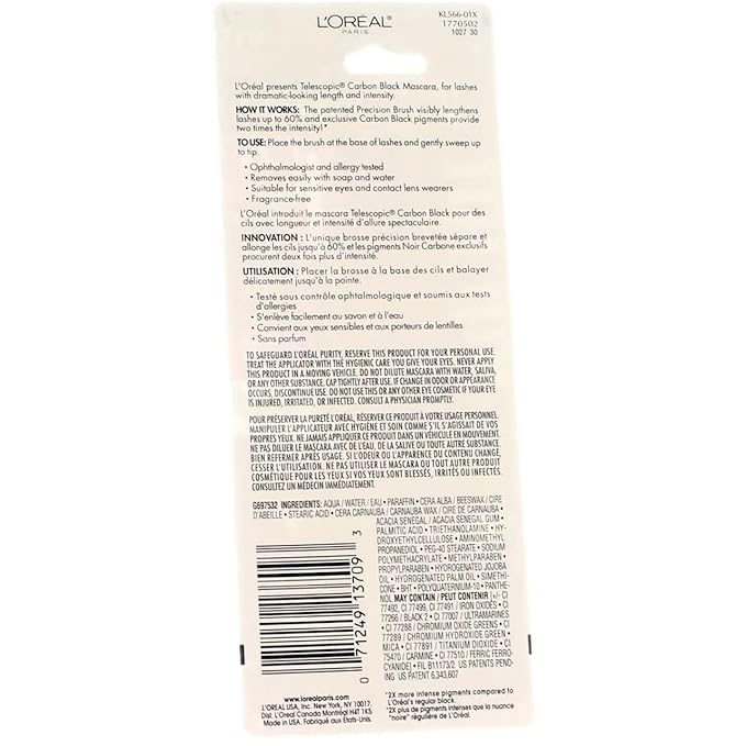 L'Oreal Paris Telescopic Mascara, Carbon Black [935] 0.27 oz (Pack of 12)