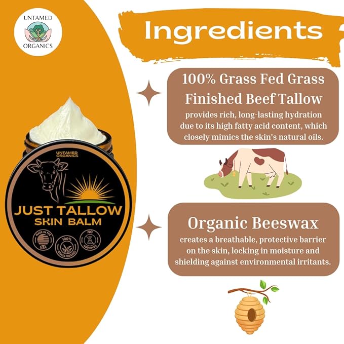 Untamed Organics Just Tallow 100% Grass-Fed Grass-Finished Beef Tallow Balm For Skin Care - Full Body & Face Moisturizer For Sensitive Skin, Eczema - All-Purpose Pure Tallow Cream (Unscented) 2 oz-VivaGrace Women