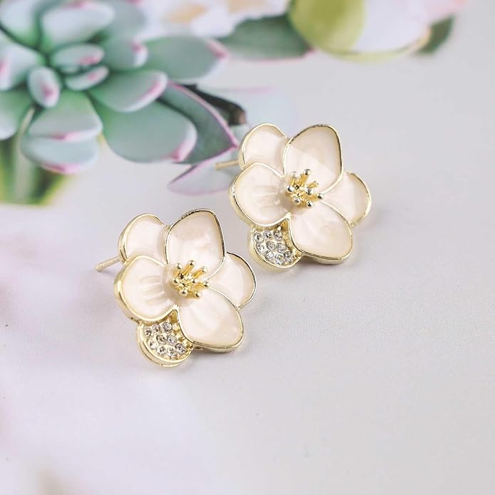 Vintage Enamel Flower Stud Earrings Camellia Flower Earrings Gold Crystal Flower Petal Earrings White Petal Stud Earrings Jewelry for Women-VivaGrace Women