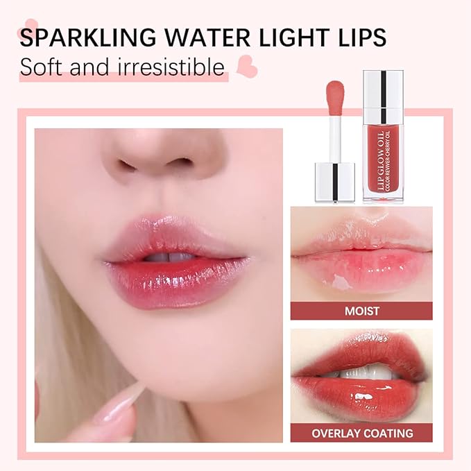 Plumping Lip Oil, Hydrating Lip Glow Oil Cherry, Plumper Lip Gloss Oil Set Clear, Lip Oil Tinted for Lip Care and Dry Lips, Long Lasting Nourishing Lip Glow Oil,Lip Plumper Gloss(001 PINK)-VivaGrace Women