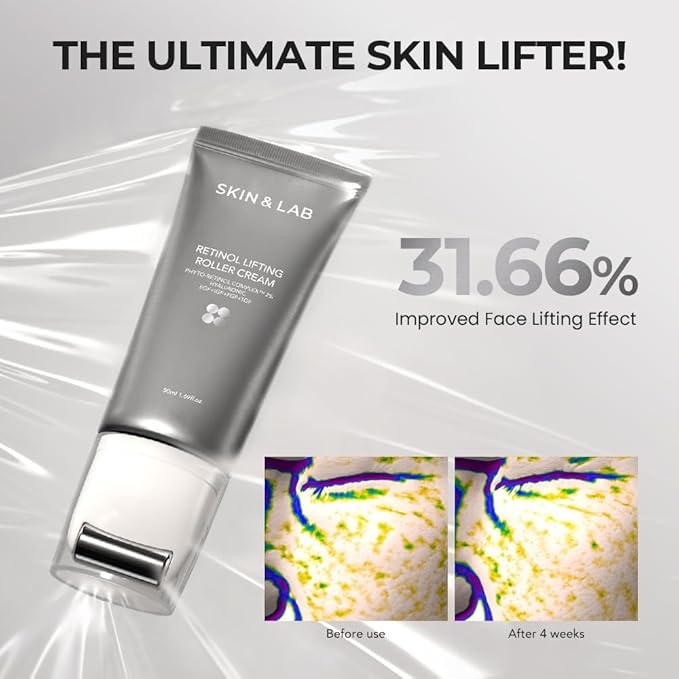 [SKIN&LAB] Retinol Lifting Roller Cream with Massage applicator, Vegan Anti Aging Face and Neck Cream for Reduce Wrinkles and Fine Line, For Face, Neck, Décolleté Wrinkle Care, 1.69 fl. oz.-VivaGrace Women