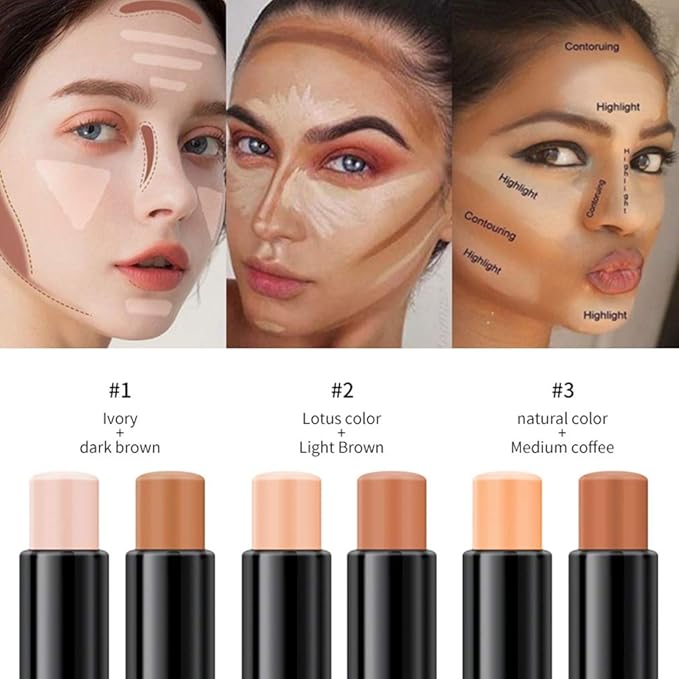 MEICOLY Cream Contour Stick Trio,Bronzer Highlighter Stick,2 in 1 Double Head Facial Repair Concealer Stick,3D Body Makeup Shading Trimming Stick,Smooth Gliding Face Illuminator Makeup,6 Colors-VivaGrace Women