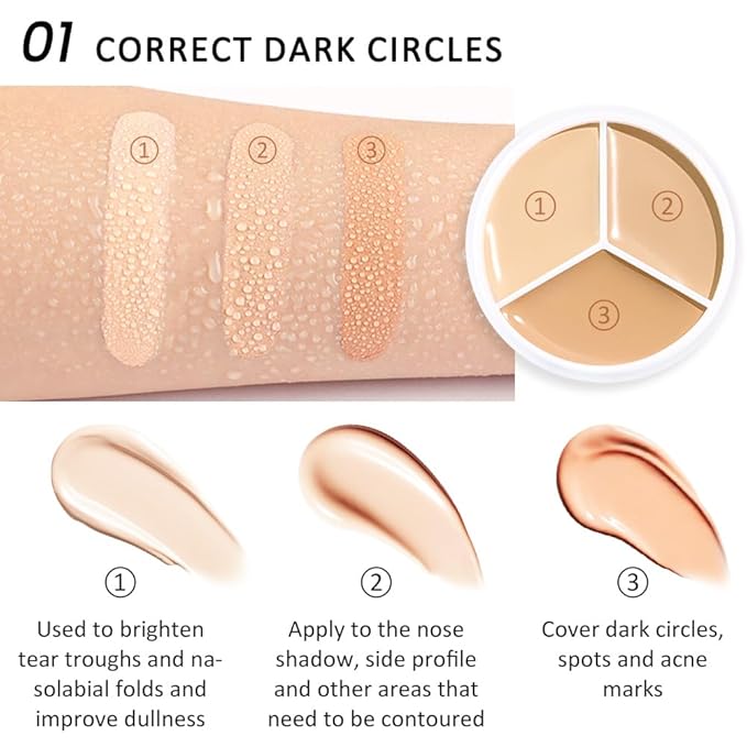 Kaely Tri Color Concealer Pot,Color Correcting Concealer for Dark Circles Spots,3 Color Cream Concealer Full Coverage,Foundation Contour Makeup Palettes,under Eye Brightener corrector de ojeras,01-VivaGrace Women