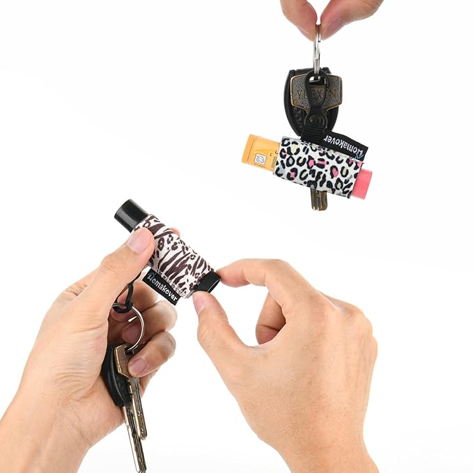 4 Pack Keychain Chapstick Holder, Leopard Pattern - Elastic Band, Fits Most Standard Lip Balm, Quick-Release Clip, Unisex-Adults-VivaGrace Women