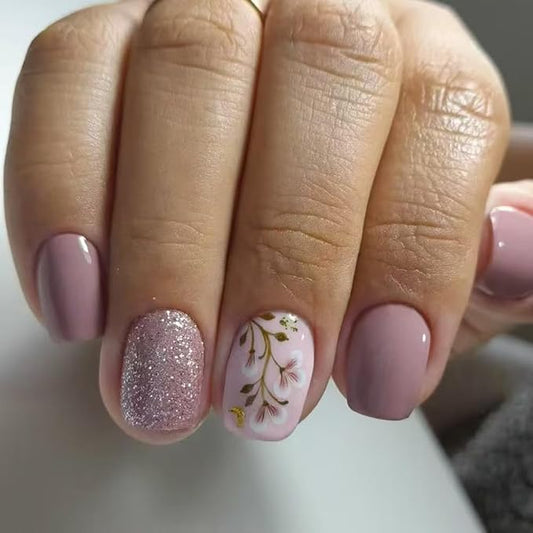 24Pcs Short Press on Nails Flower Nails Press ons Flower Square Fake Nails with Glitter Designs Purple Summer Glue on Nails Floral Artificial Acrylic False Nails for Women