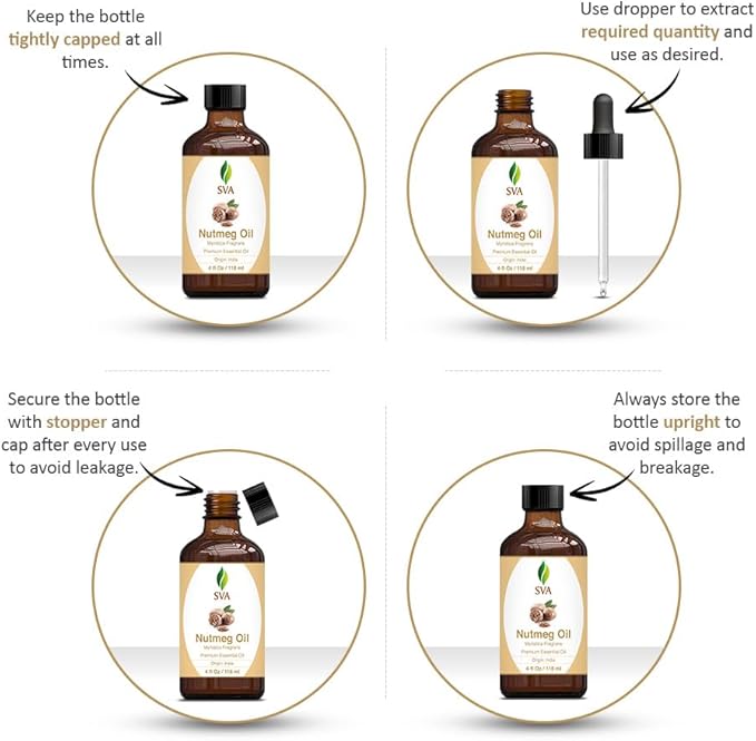 SVA Nutmeg Essential Oil – 4 Fl Oz – 100% Natural Nutmeg Oil - for Diffuser, Hair Care, Face, Skin Care, Aromatherapy, Scalp and Body Massage, Soap and Candle Making – with Dropper-VivaGrace Women