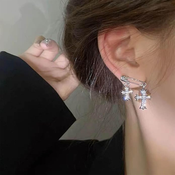 Vintage Crystal Cross Drop Earrings Rhinestone Cross Stud Earrings Silver Paperclip Earrings Sparkly Cz Crucifix Earrings Jewelry for Women-VivaGrace Women