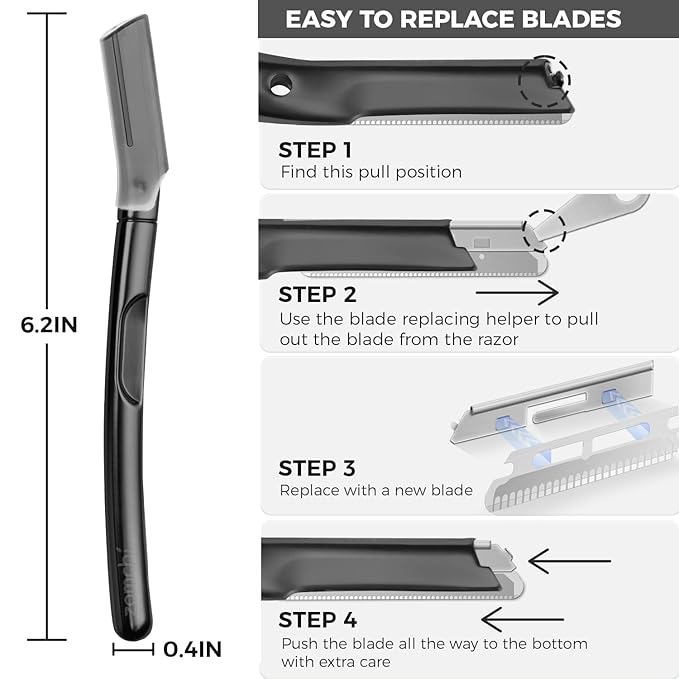 ZOMCHI Dermaplaning Tool for Face with 11 Refill Blades, Dermaplane Razor for Women and Men, Face Razor with Precision Silicone Cover, Eyebrow Razor, Facial Razor, Reusable Metal Handle - Matte Black-VivaGrace Women