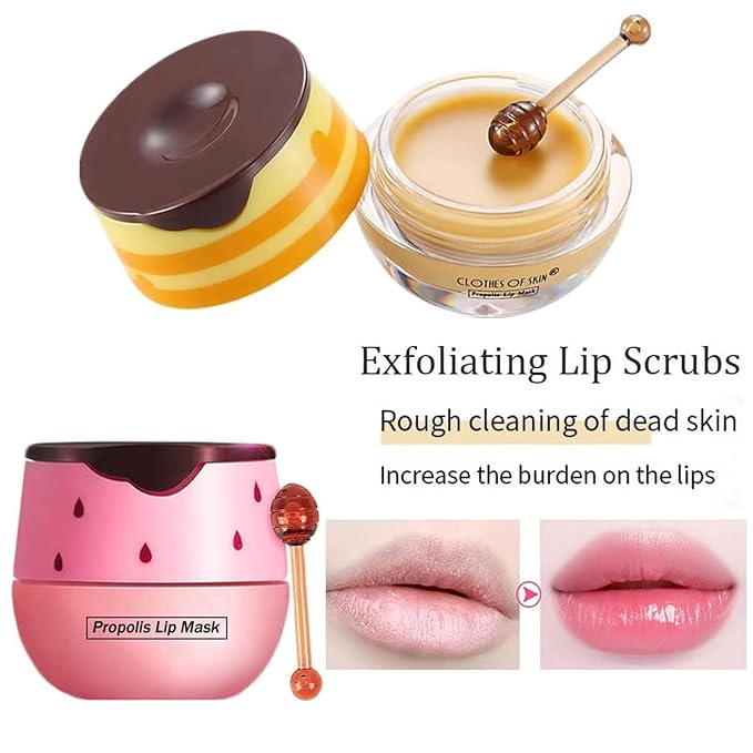 Bee Lip Balm Honey Pot, Strawberry & Honey Moisturizing Propolis Lip Mask, Hydrating & Prevention Dry and Cracked Lip Scrubs Exfoliator, Reduces Lip Lines (Yellow & Pink)-VivaGrace Women