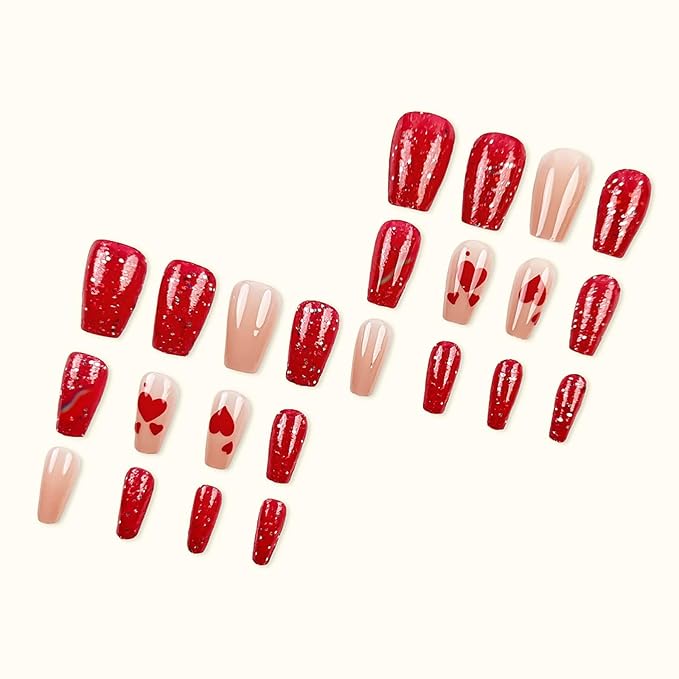 Medium Press on Nails Coffin Fake Nails Red Glitter False Nails with Heart Designs Rainbow Ombre Glue on Nails Sparkly Artificial Nails Cute Stick on Nails for Women 24Pcs