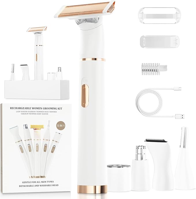 Women's 5-in-1 Electric Bikini Trimmer, USB-C Rechargeable Shaver & Trimmer for Body, Face & Nose – Painless Wet & Dry Shave (Keep Device Dry; Remove Blades for Cleaning)-VivaGrace Women
