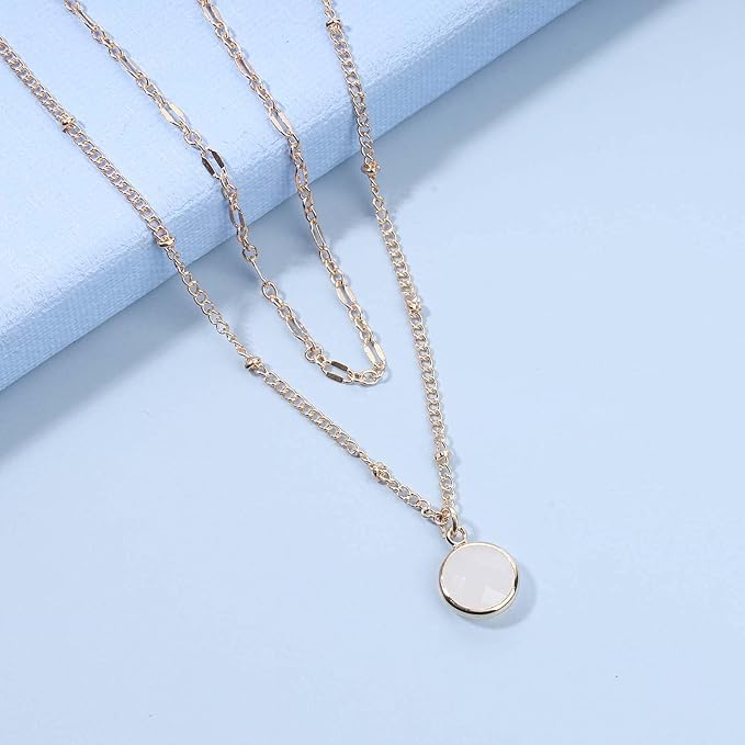 Boho Layered Opal Moonstone Necklace Choker Gold Round Opalite Necklace Clear Quartz Necklace Faceted Crystal Pendant Necklace Chain Jewelry for Women and Girls-VivaGrace Women