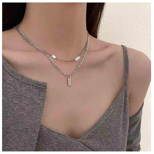 Boho Layered Silver Bar Necklace Choker Figaro Chain Necklace Vintage Layering Link Chain Necklace Geometric Necklace Jewelry for Women and Girls-VivaGrace Women