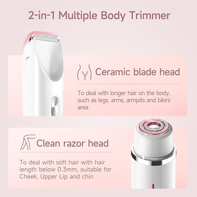 Bikini Trimmer for Women Electric Razors for Women, Double Head Dual Purpose, IPX7 Waterproof Hair Razor, Ceramic Blade Hair Trimmer Wet & Dry Use,Womens Painless Electric Shaver for Facial and Body-VivaGrace Women