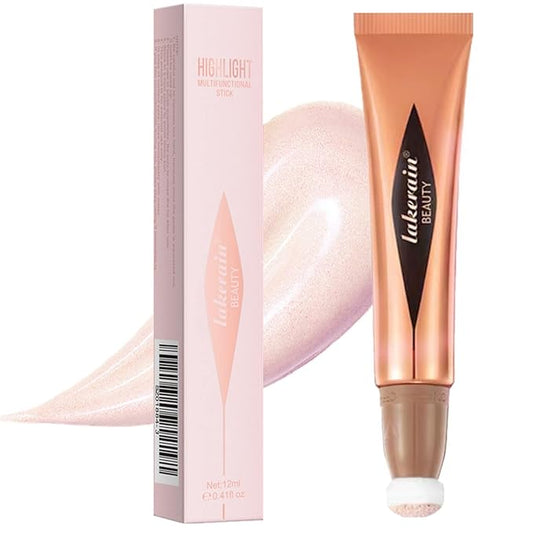 Go Ho Liquid Highlighter Wand,White Pink Highlighter Makeup Stick with Cushion Applicator,Smooth Creamy Liquid Highlighter Blendable Glowing Face Illuminator Contouring Makeup,03# Highlighter Makeup-VivaGrace Women