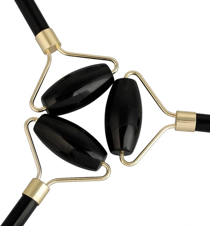 Rockcloud Natural Crystal Stone Roller Massager Double Neck Face & Neck Massage Therapy Anti-Aging Wrinkle Healing Slimming Skincare Tool,Black Obsidian-VivaGrace Women