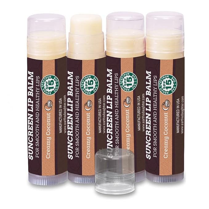 SPF Lip Balm 4-Pack by Earth's Daughter - Lip Sunscreen, SPF 15, Organic Ingredients, Coconut Flavor, Beeswax, Coconut Oil, Vitamin E - Hypoallergenic, Paraben Free, Gluten Free, New-VivaGrace Women