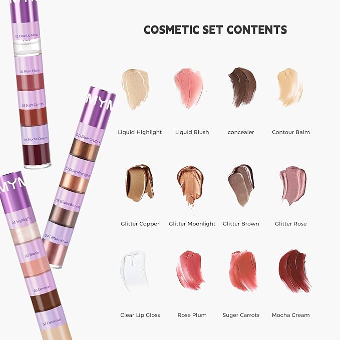 3 Pcs Cosmetic Sets 12 colors 4-Function cosmetic stick +Nonstick Raincoat Lip Gloss（3 colors+Clear Lip Gloss）+Liquid Eyeshadow in Four Colors Sets Waterproof-VivaGrace Women