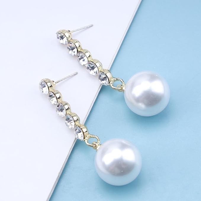 Vintage Pearl Drop Earring Gold Rhinestone Diamond Stud Earrings Cubic Crystal Earrings Wedding Pearl Earrings Jewelry for Women and Girls-VivaGrace Women