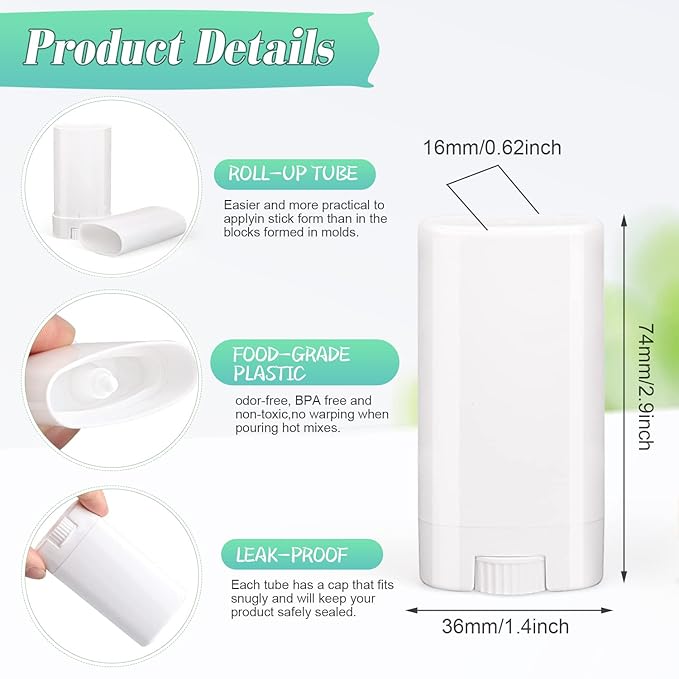 15ml Travel Deodorant Containers,Top-Fill,Empty Plastic Oval Lip Balm Tubes for Chapstick,Lip Balm,Lotion Bar Sticks,Salve,Homemade Solid Lotion,Sample Size Deodorant-30 Pack,White-VivaGrace Women