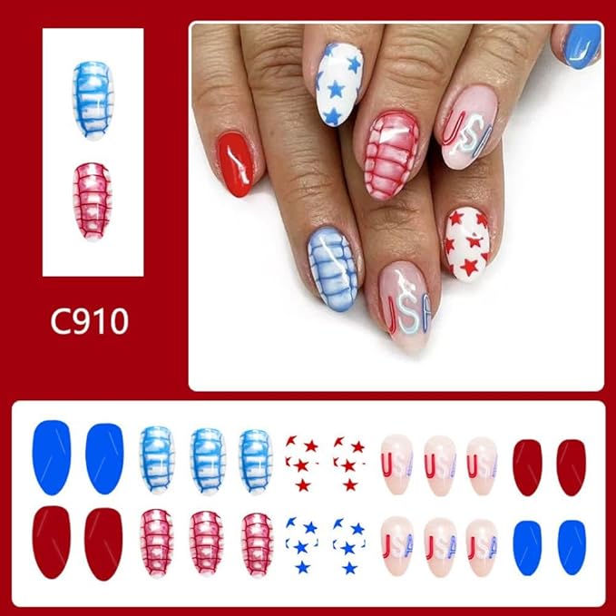 Independence Day Press on Nails Short Almond Fake Nails with Red Blue Checked Design USA Star False Nails Glossy Full Cover Summer 4th of July Stick on Nails for Women Girls Manicure 24Pcs