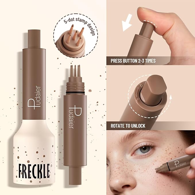 Freckle Stamp Pen, Fake Freckles Stain Marker,5-Dot Faux Liquid Freckle Stamp Cushion for Natural and Lifelike Sunkissed Makeup,Quick Dry Long-Lasting Face Freckle Pencil Tool,04#Caramel-VivaGrace Women