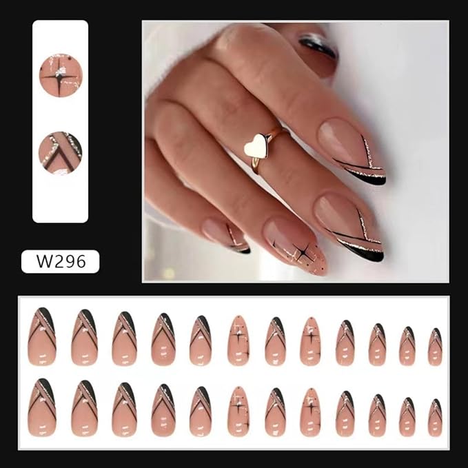 French Tip Press on Nails Medium Almond Fake Nails Black Gold Line False Nails with Design Star Glue on Nails Glossy Acrylic Nail Press ons Full Cover Stick on Nails for Women Girls Manicure 24PCS