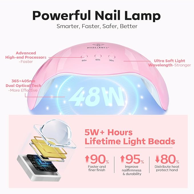 Modelones Poly Extension Gel Nail Kit, 6 Colors Pink Nude with 48W U V/LED Lamp Slip Solution 3D Bow Pearl Charms Decoration Rhinestone Glitter Tools for Manicure Beginner Starter Kit DIY at Home-VivaGrace Women