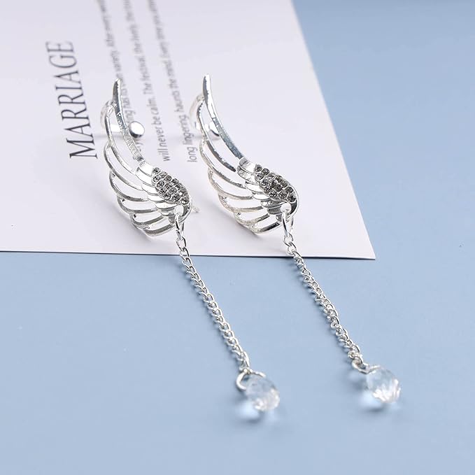 Boho Rhinestone Wing Ear Climbers Earrings Silver Crystal Drop Earring Chain Dangle Earrings Angel Wing Wrap Earrings Jewelry for Women and Girls Gifts-VivaGrace Women