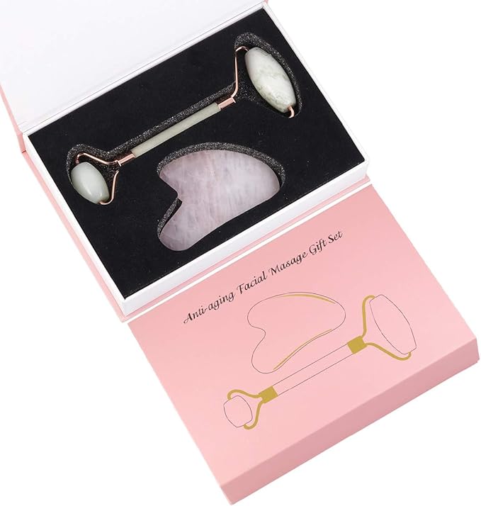 mookaitedecor Xiuyan Jade Roller & Rose Quartz Gua Sha Scraping Massage Tool Set, Face Massager for Wrinkles, Anti Aging-VivaGrace Women