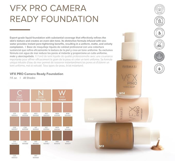 FARMASi Vfx Pro Foundation, Full Coverage Liquid Cream, Lightweight Long Lasting Coverage, Breathable Skin Moisturizer with Color True Matte Blending, Face Makeup, 1 fl. oz / 30 ml - Neutral Medium 13-VivaGrace Women
