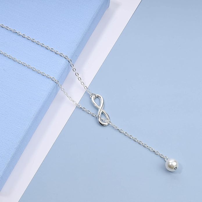 Boho Pearl Infinity Necklace Silver Y Pearl Necklace Minimalist Chain Y Lariat Necklace Chain Jewelry for Women and Girls-VivaGrace Women