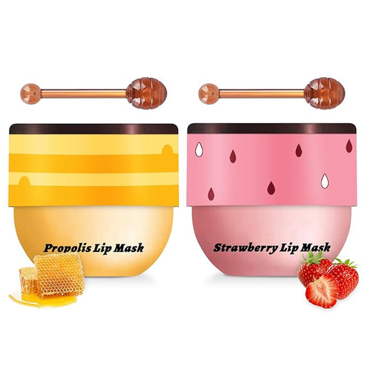 2 PCS Bee Lip Balm Honey Pot, Honey & Strawberry Lip Mask Overnight Propolis Moisturizing Lip Balm Hydrating Prevention Dry and Crack Lip Scrubs Exfoliator Lip Wrinkle Care (Honey&Strawberry)-VivaGrace Women