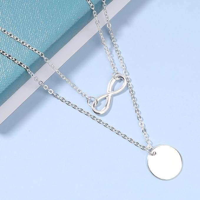 Boho Layered Infinity Coin Necklace Choker Silver Disc Pendant Necklace Forever Necklace Vintage Circle Choker Necklace Chain Jewelry for Women and Girls Gifts for Her-VivaGrace Women