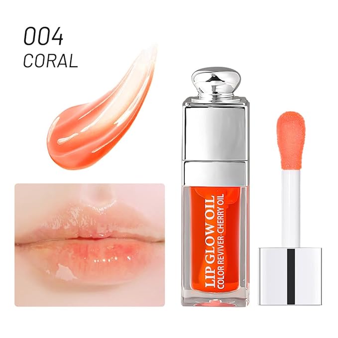 Hydrating Lip Glow Oil, Moisturizing Plumper Lip Gloss, Transparent Plumping Balm, Tinted Balm Care 0.2 OZ - 004 CORAL-VivaGrace Women