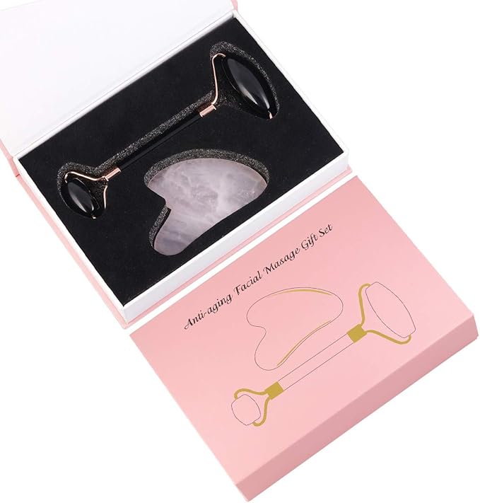 mookaitedecor Obsidian Roller & Rose Quartz Gua Sha Scraping Massage Tool Set, Face Massager for Wrinkles, Anti Aging-VivaGrace Women