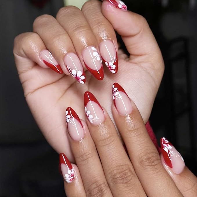 Red French tips Press on Nails Medium Almond Fake Nails with Floral Design White Flower Glue on Nails Glossy Spring Nails Reusable Summer False Nails for Women Girls Manicure 24pcs