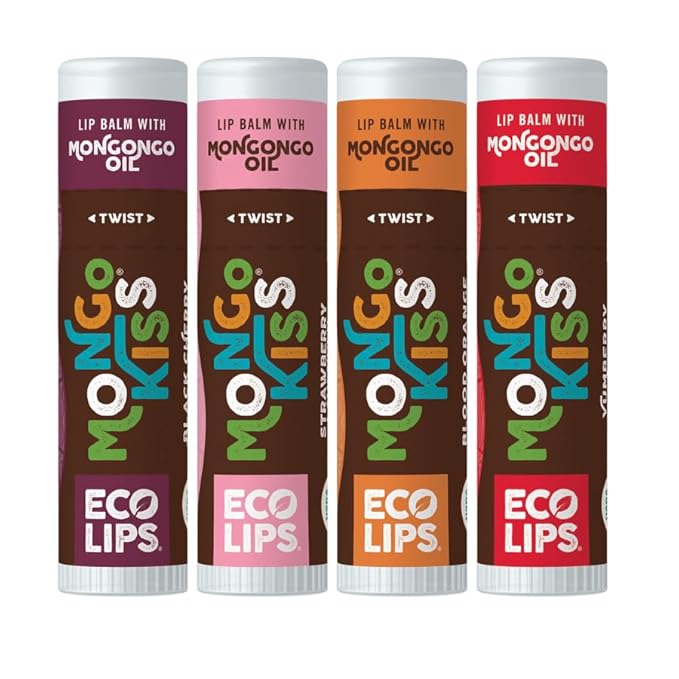 Eco Lips Mongo Kiss Organic Lip Balm 4 Pack Blood Orange, Yumberry, Strawberry Lavender, Black Cherry - 100 Percent USDA Organic - Soothe, Moisturize Dry-VivaGrace Women