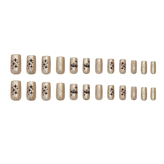 Medium Press on Nails Square Fake Nails Gold Glitter False Nails with Designs Medium Square Glue on Nails Sparkly Artificial Nails Cute Stick on Nails for Women 24Pcs