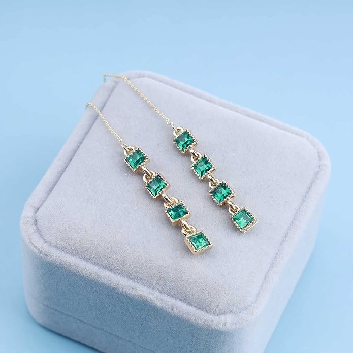 Vintage Crystal Emerald Threader Earrings Emerald Square Stud Earrings Long Chain Tassel Dangle Earrings Gold Bar Pull Through Earrings Jewelry for Women-VivaGrace Women