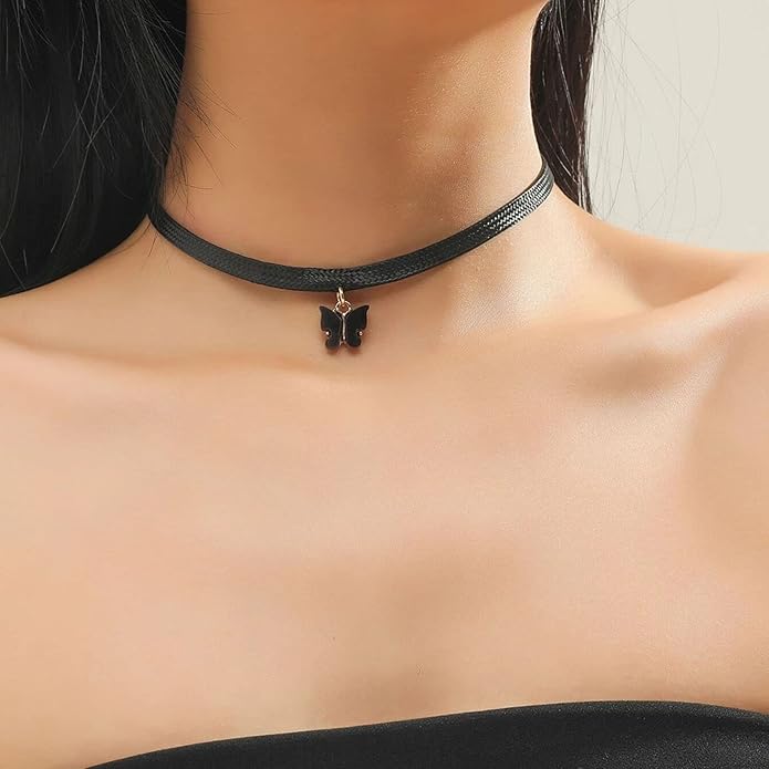 Vintage Black Choker Necklace Chain Goth Leather Choker Butterfly Pendant Necklace Velvet Choker Punk Necklace Rock Statement Butterfly Necklace Charm Jewelry Gift for Women and Girls-VivaGrace Women