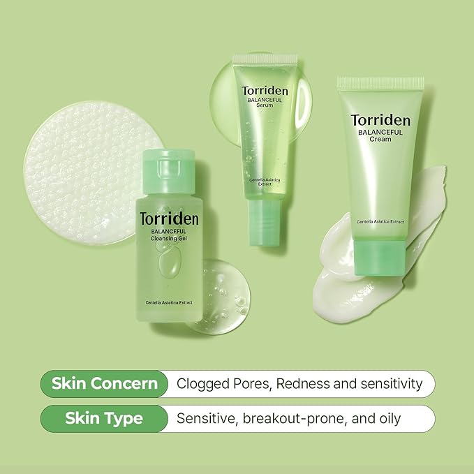 Torriden BALANCEFUL Cica Trial Kit, Gotu Kola Infused Daily Skincare Kit - 4 Step Regimen with Cleansing Gel, Toner Pad, Serum, and Cream | Vegan, Hypoallergenic Korean Skin Care-VivaGrace Women