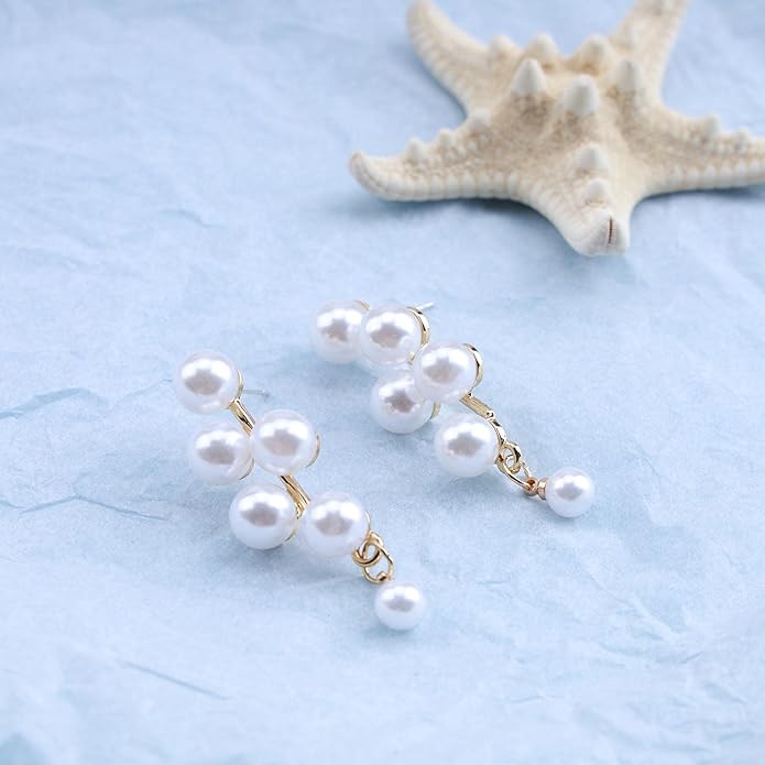 Boho Pearl Drop Earrings Long Pearl Tassel Earrings Gold Cluster Pearl Stud Earrings Bridal Pearl Earrings Wedding Earrings Jewelry for Women-VivaGrace Women